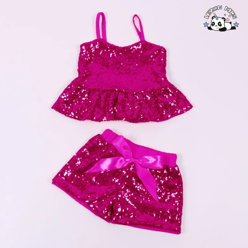 LEZONKIDS - Custom Logo Summer Girls Casual Cotton Suspender Vest Sequins Top Shorts Suit
